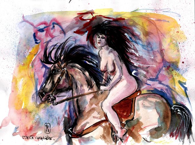 Liberté cavalière (encre de Chine & aquarelle)